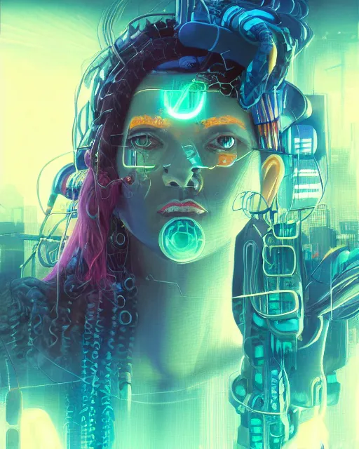 Image similar to a cyberpunk close up portrait of cyborg medusa, electricity, snakes in hair, sparks, bokeh, soft focus, skin tones, warm, sky blue, daylight, geometric, by paul lehr, jesper ejsing