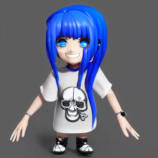 Prompt: a digital painting of a girl with blue hair and a skull on her shirt, lyco art, chibi, by antonio mello, 3 d nft, nendoroid 3 d, cyberpunk artm, cgsociety, sketchfab, seapunk, anime aesthetic, rendered in maya