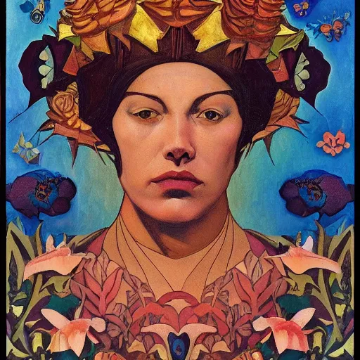 Prompt: the bone crown, by annie swynnerton and nicholas roerich and leo and diane dillon and ( diego rivera ), elaborate costume, flowers, iridescent beetles, rich color, dramatic cinematic lighting, smooth, sharp focus, extremely detailed