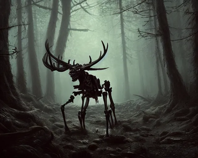 Image similar to 5 5 mm portrait photo of an armored demonic skeleton with antlers, in a magical forest. dark atmosphere. art by greg rutkowski. highly detailed 8 k. intricate. lifelike. soft light. nikon d 8 5 0.