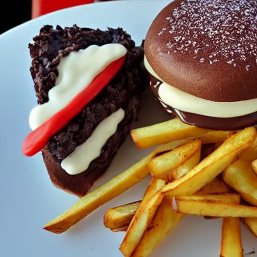 Prompt: chocolate cheeseburger with chocolate fries