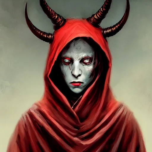 Image similar to masterpiece portrait of a clothed hooded surly and resentful female tiefling thief with red skin black sclera and horns under the hood, by Greg Rutkowski, as seen on ArtStation, 4k, dungeons and dragons, very aesthetic, very detailed, intricate, unreal, fantasy, dramatic, painterly, artstation, sharp focus, smooth