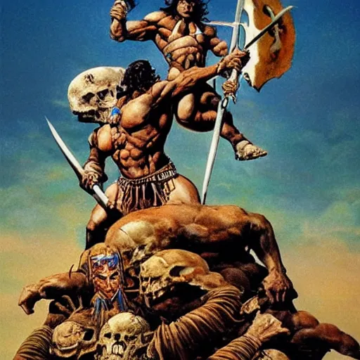 Prompt: warriors standing on a mountain of skulls. Artwork by Frank Frazetta and Boris Vallejo. Inspired by Conan the barbarian