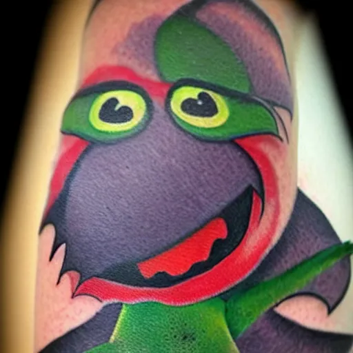 Prompt: tattoo of kermit the frog from sesame street dressed as the joker