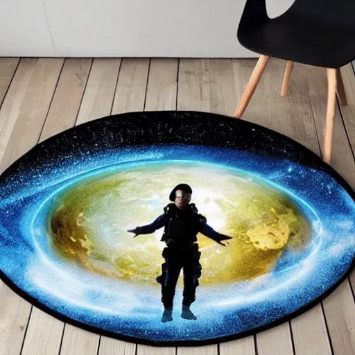 Prompt: Floating Rug in space with terrorist standing atop of it