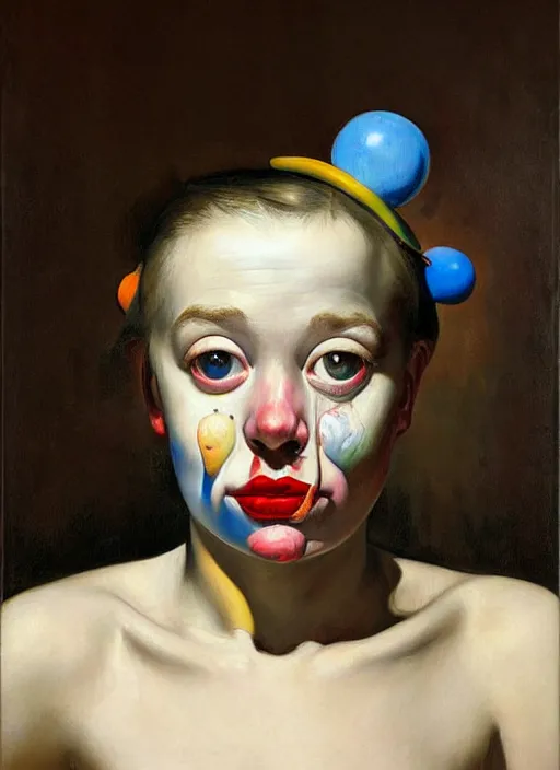 Image similar to Oil painting - portrait of a cross-eyed jester girl by Jenny Saville, Masterpiece, Edward Hopper and James Gilleard, Mark Ryden, Wolfgang Lettl highly detailed, hints of Yayoi Kasuma