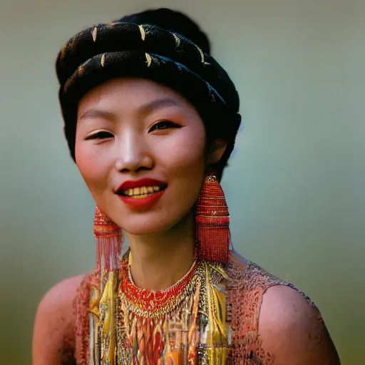 Image similar to vintage portrait of a stunningly beautiful asian tribal female smiling, depth of field, zeiss lens, detailed, symmetrical, centered, fashion photoshoot, by edward s curtis, Annie Leibovitz and Steve McCurry, David Lazar, Jimmy Nelsson, Breathtaking, 8k resolution, extremely detailed, beautiful, establishing shot, artistic, hyperrealistic, beautiful face, octane render