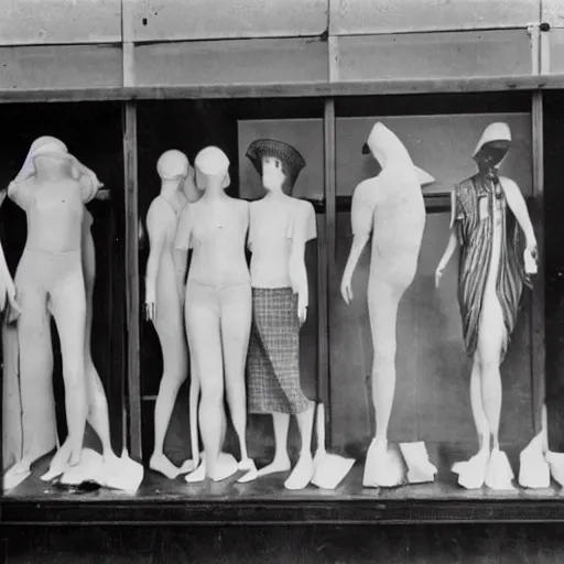 Prompt: department store wax mannequins melting during a heatwave in 1929