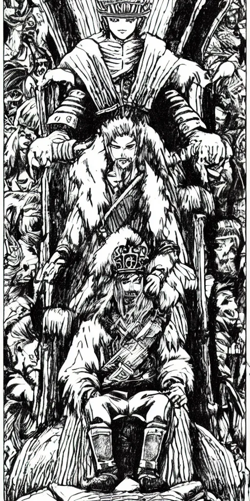 Prompt: a king on a throne drawn by Makoto Yukimura in the style of Vinland saga