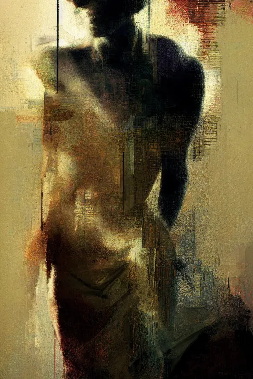 Image similar to a beautiful glitched painting by christian hook of a woman in a bathroom, geometric shapes and pixel sorting, brushstrokes by jeremy mann, still life, dark colors