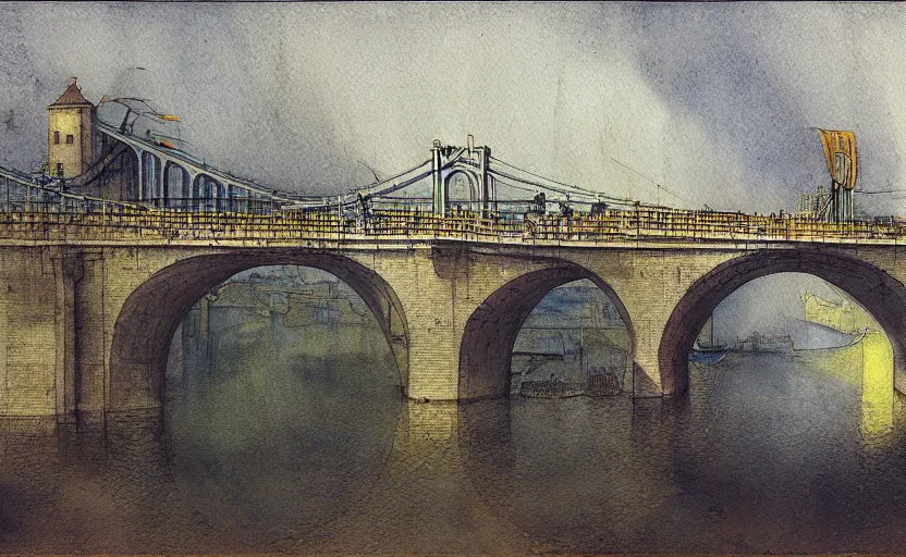 Prompt: city bay bridge aqueduct, colorful watercolor. by rembrandt, ralph mcquarrie, escher aluminum, cast iron 1 6 6 7