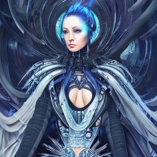 Image similar to a full body beautiful woman wearing a cyberpunk outfit by karol bak, ayami kojima, artgerm, sakimichan, hr giger, blue eyes, weapons, electronics, high tech, concept art, fantasy