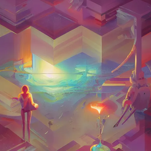 Prompt: highly detailed happy abstract geometric painting, stephen bliss, unreal engine, greg rutkowski, loish, rhads, beeple, makoto shinkai and lois van baarle, ilya kuvshinov, rossdraws, tom bagshaw, global illumination, detailed and intricate environment