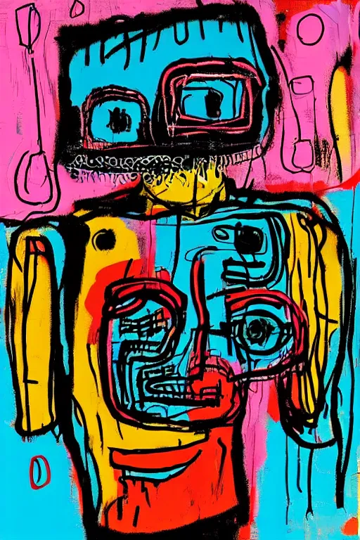 Prompt: cyborg girl wearing oculus in the style of jean michel basquiat, andy warhol, and pablo picasso