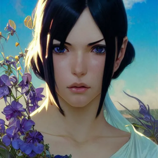 Image similar to highly detailed vfx portrait of nico robin, makoto shinkai, alphonse mucha, sharp focus, art by artgerm and greg rutkowski, backlit, harsh overhead sunlight, blue eyes, stanley kybric