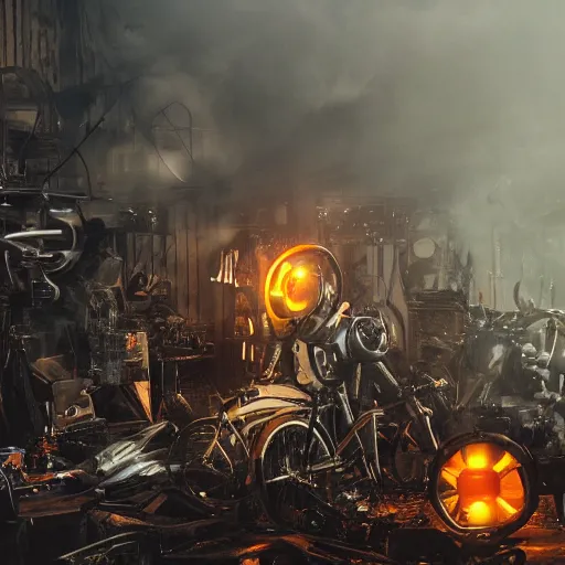 Prompt: bicycle mecha, dark messy smoke - filled cluttered workshop, dark, dramatic lighting, orange tint, sparks, cinematic, highly detailed, sci - fi, futuristic, movie still