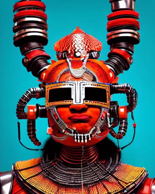 Image similar to photo of a Dramatic Theyyam male character with traditional headgear painted face wearing futuristic robocop LED goggles and futuristic robot armour with wide traditional ghaghra in the style of stefan kostic, full body, realistic, sharp focus, symmetric, 8k high definition, insanely detailed, intricate, elegant, art by stanley lau and artgerm, Hajime Sorayama, William-Adolphe Bouguereau