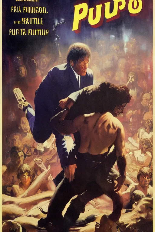 Prompt: Movie poster of Pulp Fiction, by frank frazetta, ilya repin, 8k, hd, high resolution print