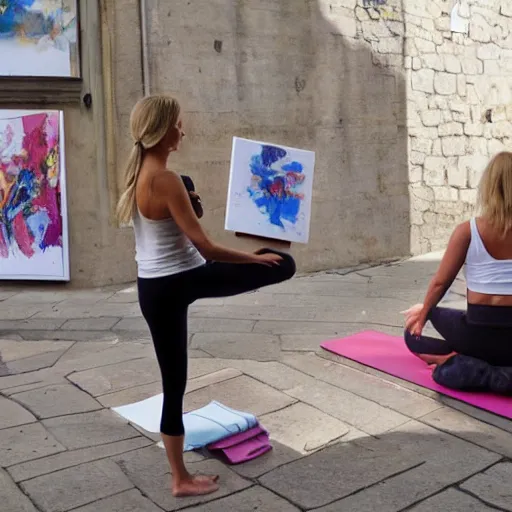 Image similar to a blonde woman in a yoga position selling paintings in Porto, greg rutkowski