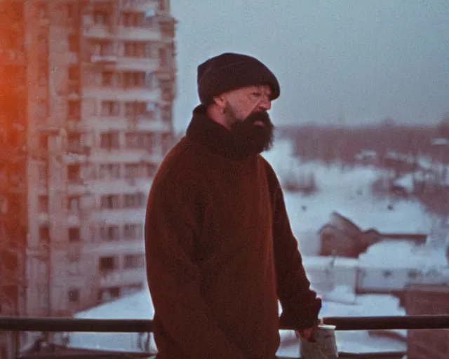 Image similar to lomographic tarkovsky film still of 4 0 years russian man with beard and sweater standing on small hrushevka 9 th floor balcony full with cigarette smoke in winter taiga looking at sunset, cinestill, bokeh