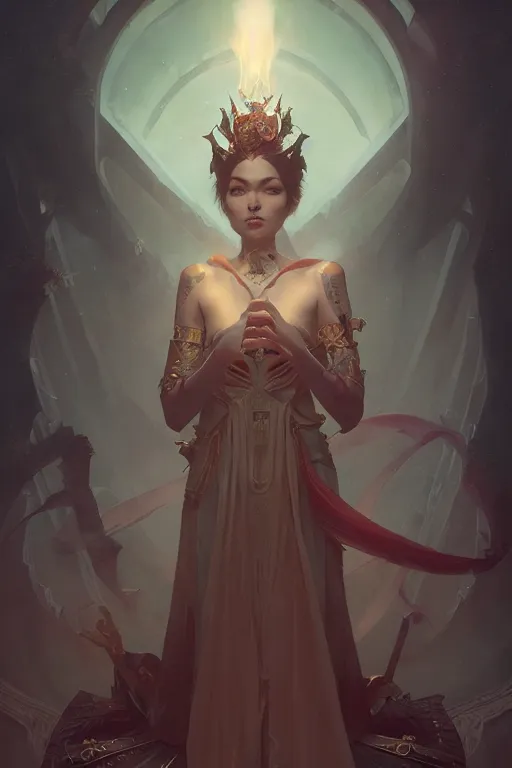 Prompt: the empress, tarot card, low fantasy, throne, accent lighting, octane render, rossdraws, tom bagshaw, fine border, ross tran, charlie bowater, ruan jia, greg rutkowski, alphonse mucha, 1 6 k, warm lighting, character illustration, headroom