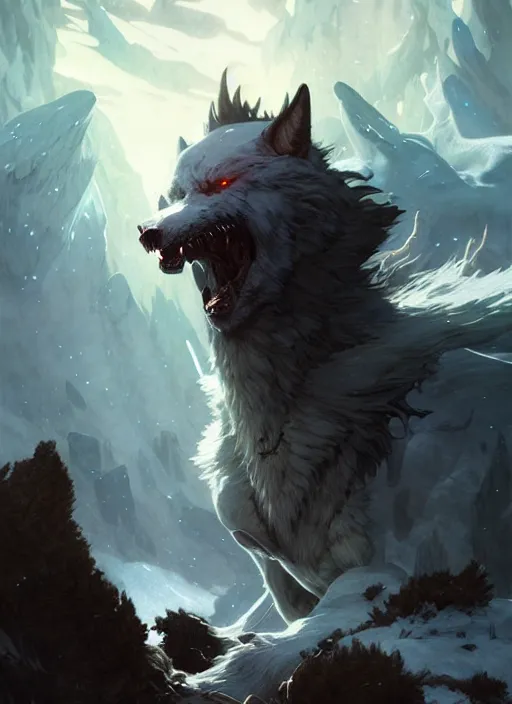 Prompt: Fenrir freeing all his power, Nordic landscape, fantasy magic, dark light night, sharp focus, digital painting, concept art, d&d, art by WLOP and Artgerm and Greg Rutkowski and Alphonse Mucha