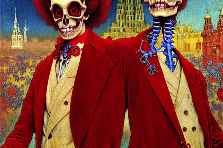 Image similar to realistic detailed closeup portrait painting of a single skeleton wearing red velvet blazer in a crowded futuristic moscow street by Jean Delville, Amano, Yves Tanguy, Alphonse Mucha, Ernst Haeckel, Edward Robert Hughes, Roger Dean, rich moody colours, blue eyes