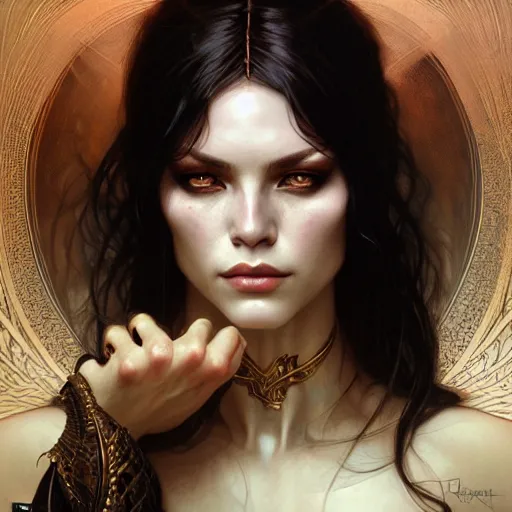 Image similar to Portrait of female sorceress, dark fantasy, medium shot, intricate, elegant, highly detailed, digital painting, artstation, concept art, smooth, sharp focus, illustration, art by karol bak, artgerm and greg rutkowski and alphonse mucha