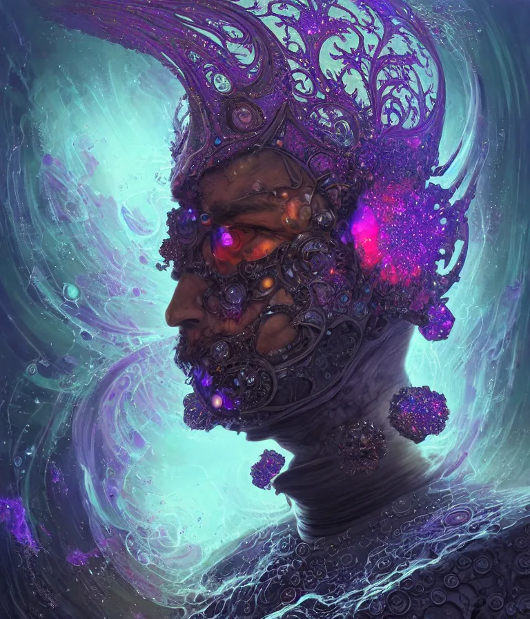 Image similar to front!!! shot of a court jester!!! character, mesmerizing fractal hypercubes, dark holography!!!, future, oil slick nebula, crystalline edges, (((intricate))), elegant, highly detailed, centered, (((artstation, concept art, smooth, sharp focus, artgerm, Tomasz Alen Kopera, Peter Mohrbacher, donato giancola, Joseph Christian Leyendecker, WLOP, Boris Vallejo))), ((raytracing)), mugshot!!!!!, ugly!!!!!!, octane render, nvidia raytracing demo, octane render, nvidia raytracing demo, octane render, nvidia raytracing demo, grainy, muted, 8K, digitalblasphemy, metatron