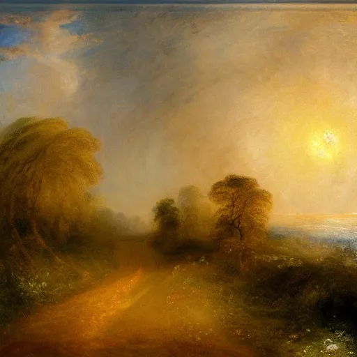 Image similar to a beautiful country path, golden light , sense of awe, in the style of Turner