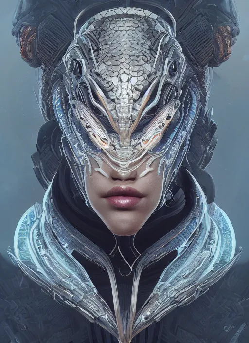 Image similar to symmetry!! portrait of snake alien in the style of horizon zero dawn, machine face, intricate, elegant, highly detailed, digital painting, artstation, concept art, smooth, sharp focus, illustration, art by artgerm and greg rutkowski and alphonse mucha, 8 k