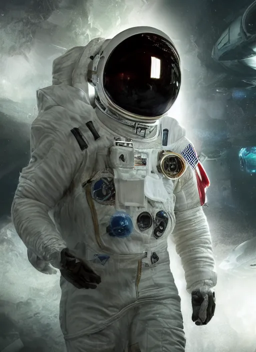 Image similar to concept art by craig mullins astronaut in futuristic dark and empty spaceship underwater. infrared glowing lights. complex and hyperdetailed technical suit. reflection and dispersion materials. rays and dispersion of light. volumetric light. 5 0 mm, f / 3 2. noise film photo. flash photography. unreal engine 4, octane render. interstellar movie art