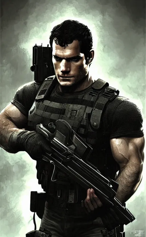 Image similar to portrait of henry cavill as chris redfield, resident evil, pistol, upper body, henry cavill!!!, fantasy, intricate, elegant, highly detailed, digital painting, artstation, concept art, smooth, sharp focus, illustration, art by artgerm and greg rutkowski and alphonse mucha