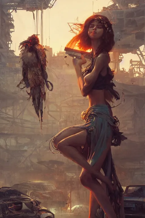 Image similar to goddess of the junkyard, highly detailed, digital painting, artstation, concept art, smooth, sharp focus, illustration, unreal engine 5, 8 k, art by artgerm and greg rutkowski and edgar maxence and el lissitzky