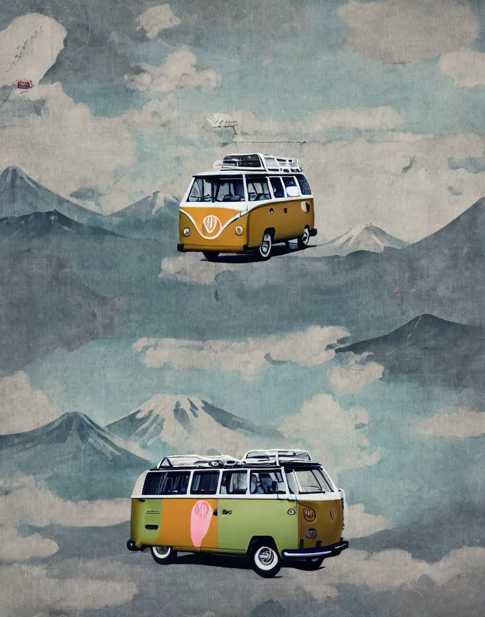 Image similar to vw camper touring rural japan, a collage painting, in the style of wes anderson, lola dupre, david hockney, isolated on negative white space background dark monochrome fluorescent spraypaint accents volumetric octane render, no double figure