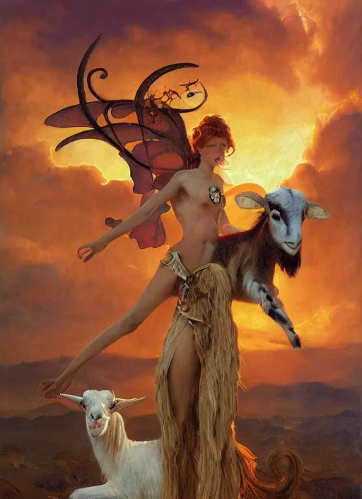 Image similar to symmetry! half length portrait of a biblical diabolical fairy witch girl burning riding a cute goat, fire, clouds, sunset, studio light, by mikhail vrubel, by peter elson, muted colors, extreme detail, trending on artstation, 8 k