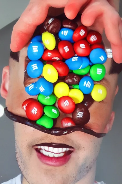 Image similar to eminim as a literal m & m, an m & m candy with the face of the rapper eminiem