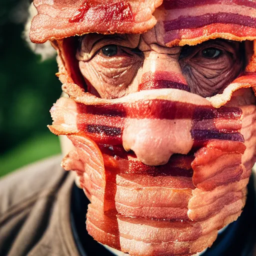 Image similar to an elderly man wearing a mask made from bacon, bold natural colors, national geographic photography, masterpiece, 8 k, raw, unedited, symmetrical balance