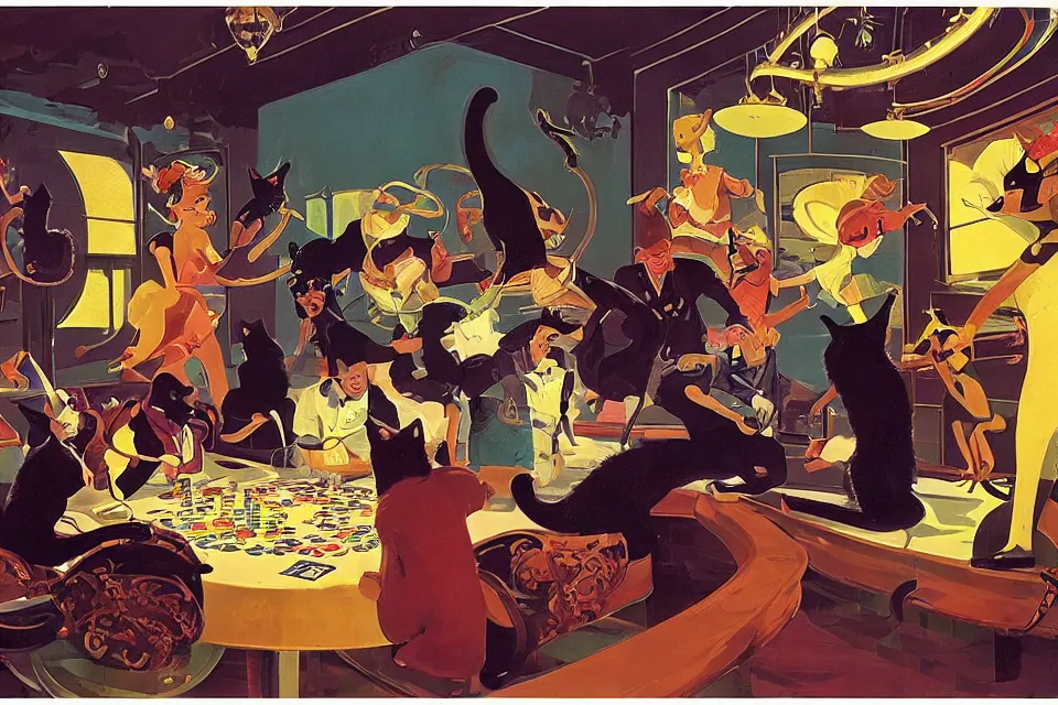 Image similar to cats rolling dice with the rats, neon ballroom, by syd mead, john kricfalusi