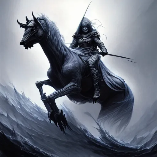 Image similar to concept art by artgerm, death of the four horsemen of the apocalypse, soft grey and blue natural light, intricate, queen of death riding, highly detailed dark art, digital painting, artstation, concept art, smooth, sharp focus, illustration, art by greg rutkowski and luis rollo and uang guangjian and gil elvgren, symmetry!