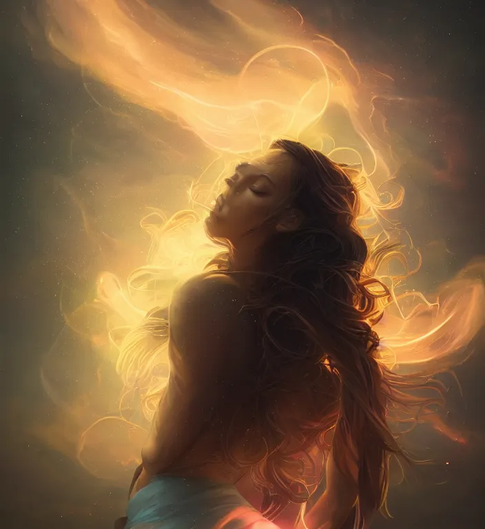 Image similar to centered waist up portrait photography an angel + glowing outlines, dissolve to energy particles of light + bokeh + strong DOF + 8k, photorealistic + composition by Peter Mohrbacher + line work by Dan Mumford , ultra realistic + backlit + strong rimlight, sunset + HDRI, HD, Photoreal