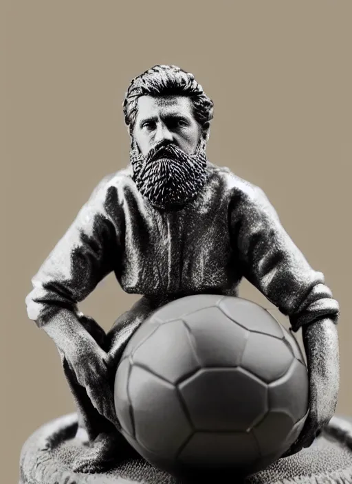 Image similar to 80mm resin detailed miniature of a bearded man, short hair, sitting on a football, pouting, Product Introduction Photos, 4K, Full body,