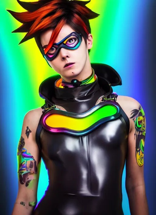 Image similar to full body overwatch style oil painting portrait of tracer overwatch, confident pose, wearing black jagged iridescent rainbow latex armor, rainbow, neon, 4 k, expressive surprised expression, makeup, wearing large rainbow neon choker, studio lighting, acid, trippy, black leather harness, expressive detailed face and eyes,