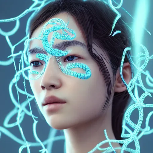 Prompt: intricate highly detailed face portrait of asian - european woman, light blue water vines on her face, intricate, cgsociety, beeple, unreal engine, octane render, sharp focus, smooth, volumetric lighting, cinematic composition, artstation