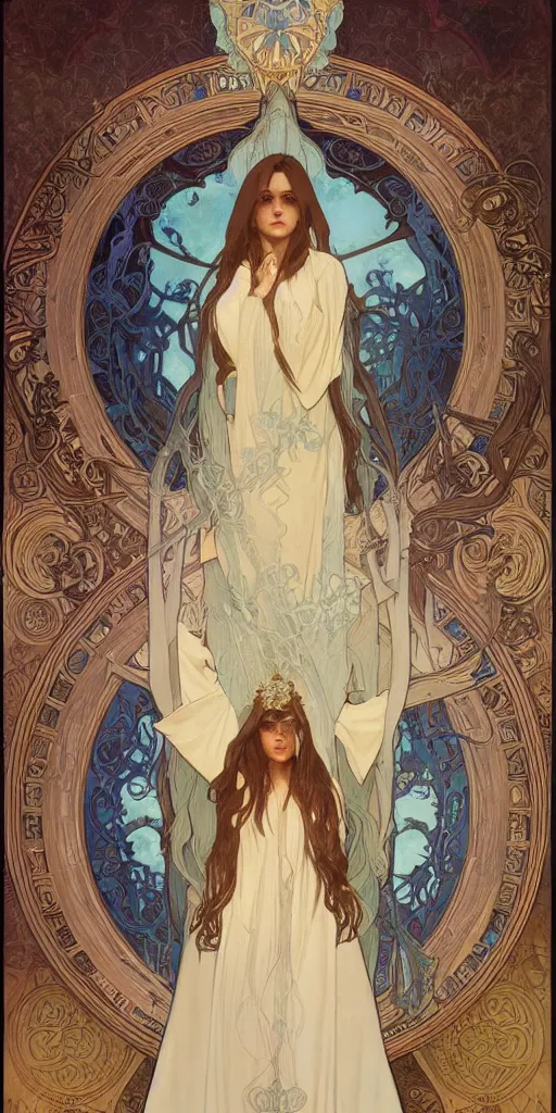 Prompt: Beautiful female wizard with blue rose robes wearing an intricate arcane makeup searching for her soul, digital art, art by Alphonse Mucha, Greg Rutkowski, Alex Ross, WLOP