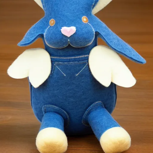 Image similar to a cute elegant felt plush doll of a rabbit wearing overalls detailed highly realistic