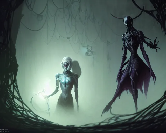 Image similar to a 4 k cinematic screenshot still portrait of a drow in a dark liminal space room surrounded by spider webs, deep focus, d & d, fantasy, intricate, elegant, highly detailed, digital painting, art station, concept art, matte, sharp focus, illustration, dark fantasy style art, hearthstone, art by artgerm and greg rutkowski and alphonse mucha