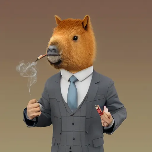 Image similar to a high quality photo of an antropomorphic capybara wearing a suit smoking a cigar, 3d scene, render, ultra realistic, artstation, cgsociety