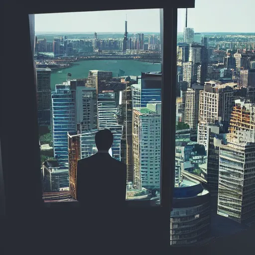 Image similar to still of cat in a suit looking out at the skyline from a penthouse suite, cinematic,