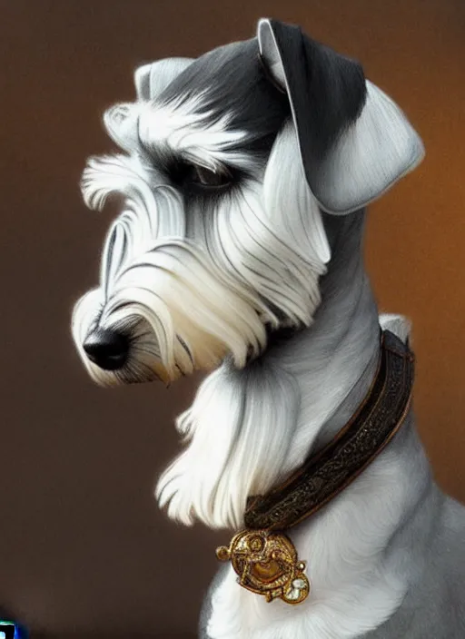 Image similar to portrait of stoic looking miniature schnauzer, black fir, white eyebrows, fantasy, intricate, elegant, highly detailed, centered, dark, smoke, digital painting, artstation, concept art, smooth, sharp focus, illustration, art by artgerm and greg rutkowski and alphonse mucha